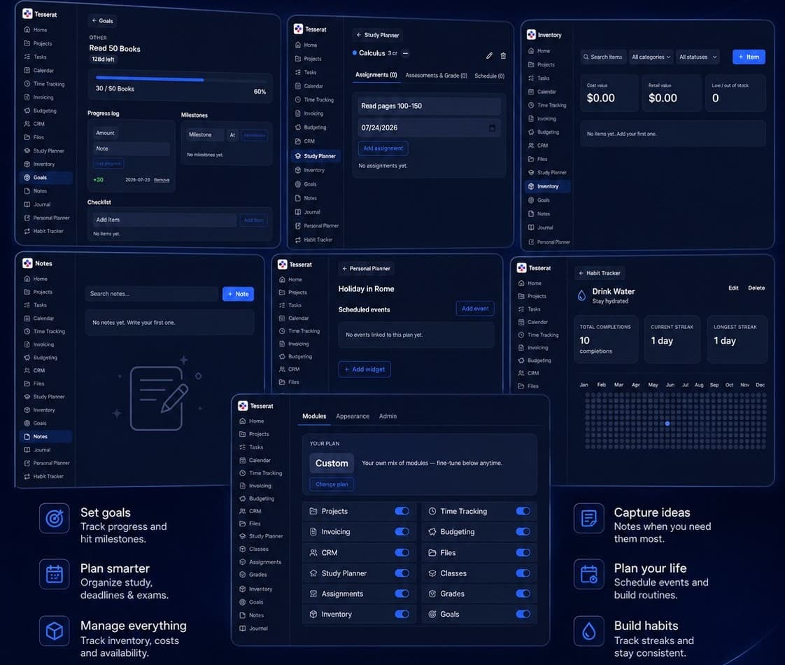 Tesserat workspace overview showing Goals, Projects, and Inventory modules