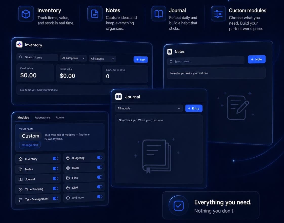 Tesserat Modules settings panel with Inventory, Notes, and Journal toggled on